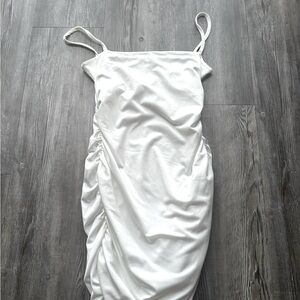 SHEIN white bodycon dress, ruched sides, double lined